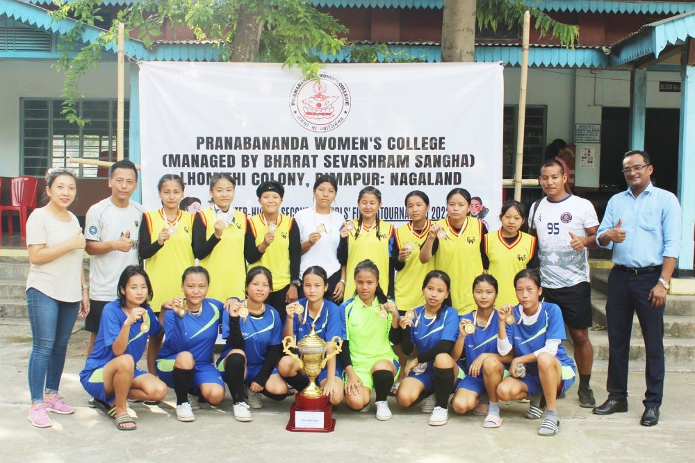 Pilgrim Higher Secondary School team with others at the 2nd inter-higher secondary girls’ futsal tournament organized by Innovative and Development Cell, Pranabananda Women’s College on September 23 and 24.